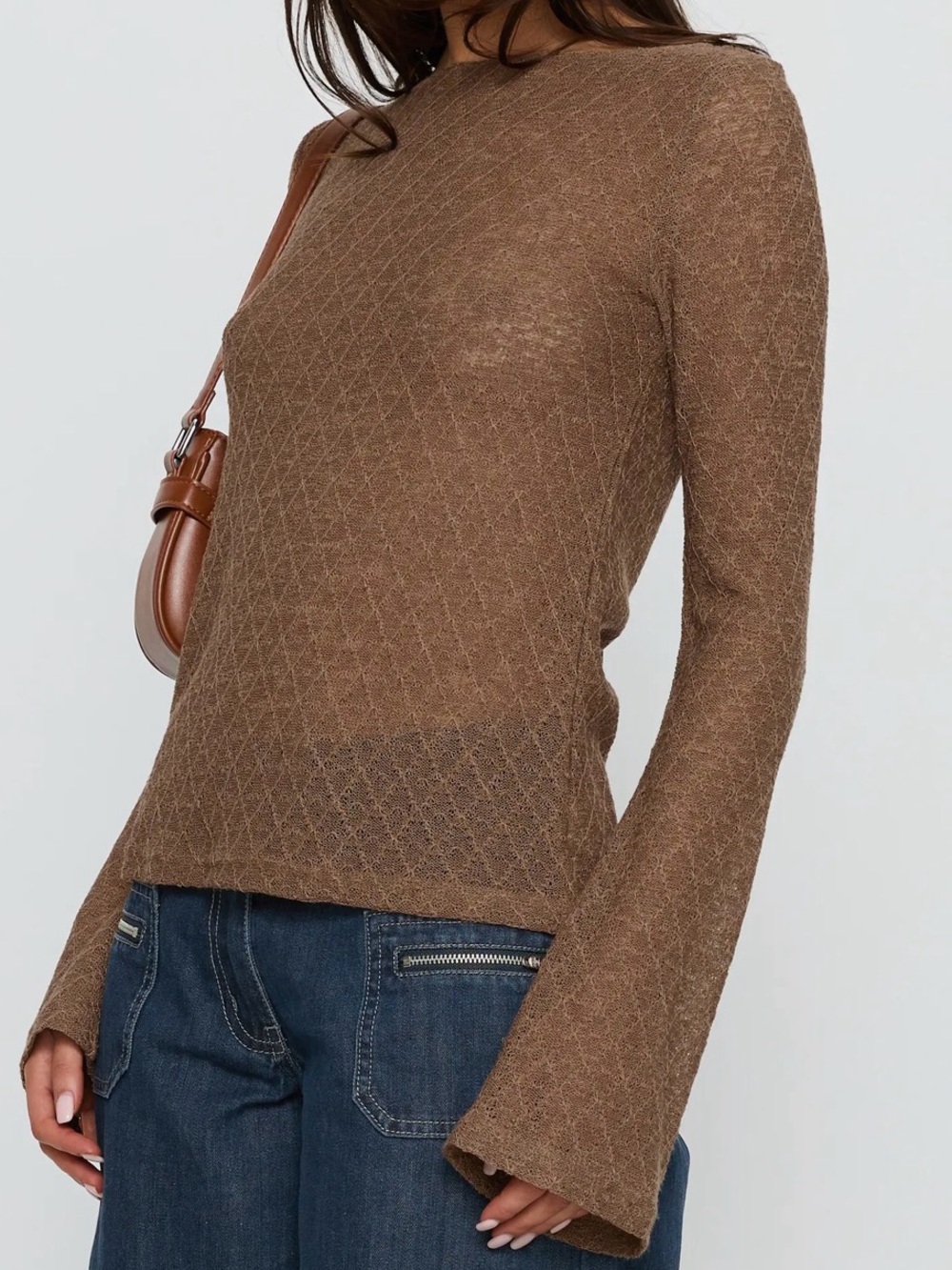 Princess Polly Brown Tuppence Textured Long Sleeve  Top - Size 8